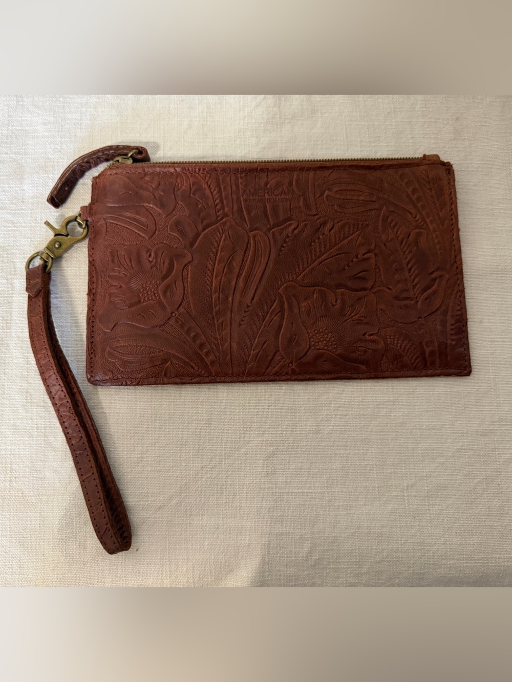 America Leather Embossed Floral Leather Wristlet Clutch - Brown